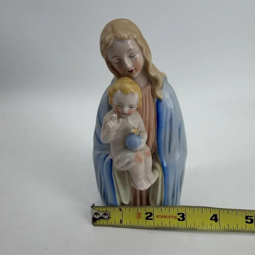 Vintage MCM Madonna Jesus Figurine Porcelain Glazed Catholic Blue Orb 50s 60s